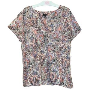 •TALBOTS•COLORFUL PAISLEY PRINT V/NECK SILK BLEND SHIRT SLEEVE BLOSUE SIZE 16